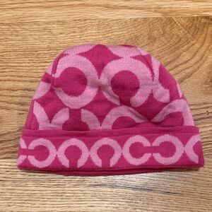 Coach Signature Pink Logo Beanie 100% Merino Wool